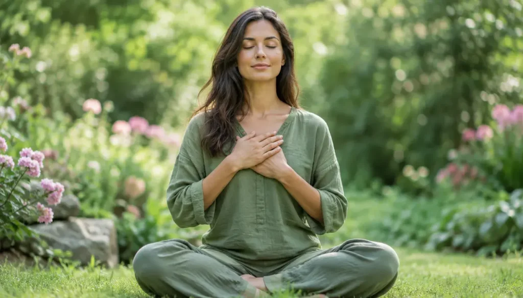 Person meditating with hands over the heart center in a peaceful green garden.