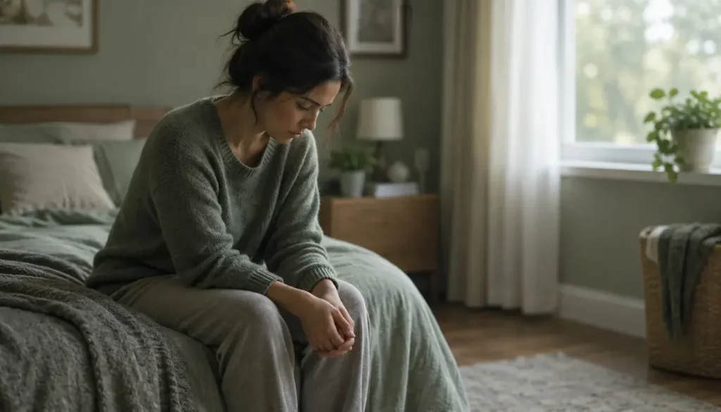 Person sitting with rounded shoulders and lowered gaze, symbolizing emotional withdrawal after heartbreak.