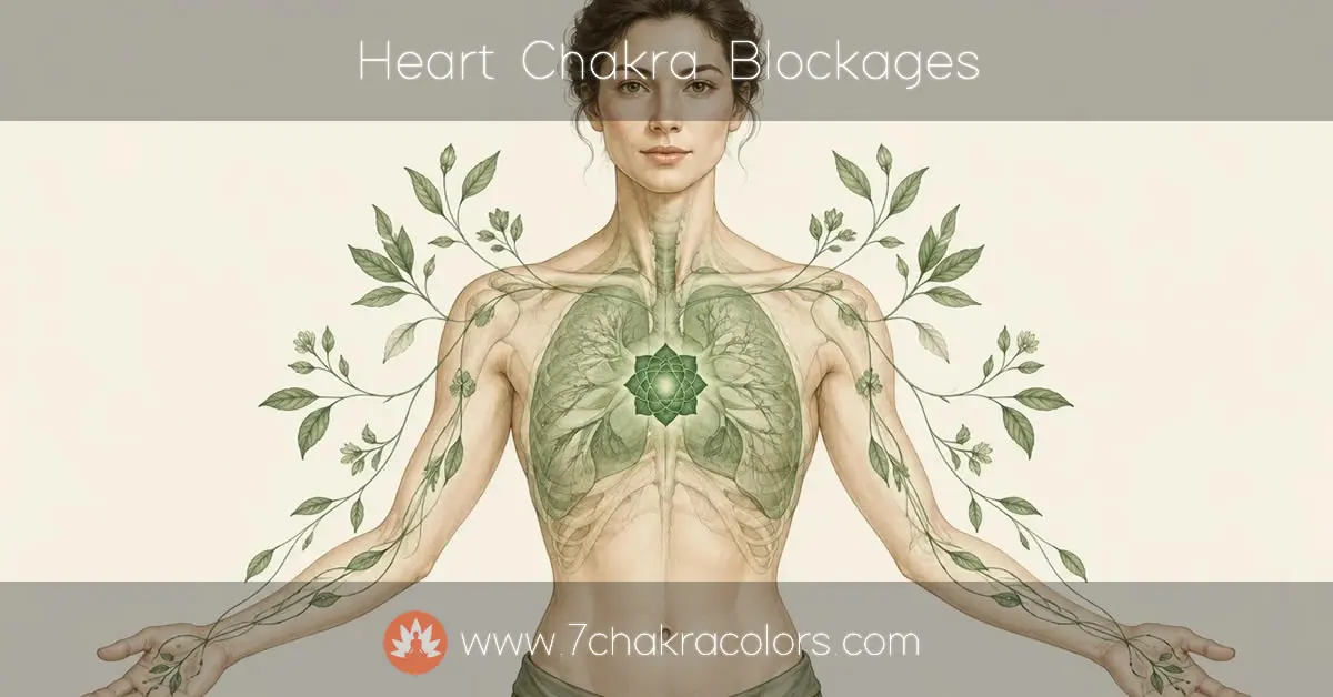 Illustration highlighting the heart chakra location in the center of the chest and its traditional association with the lungs, arms, and hands.