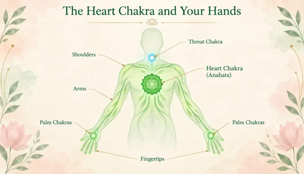 Infographic showing heart chakra energy flowing across the shoulders and down the arms into the palm chakras.