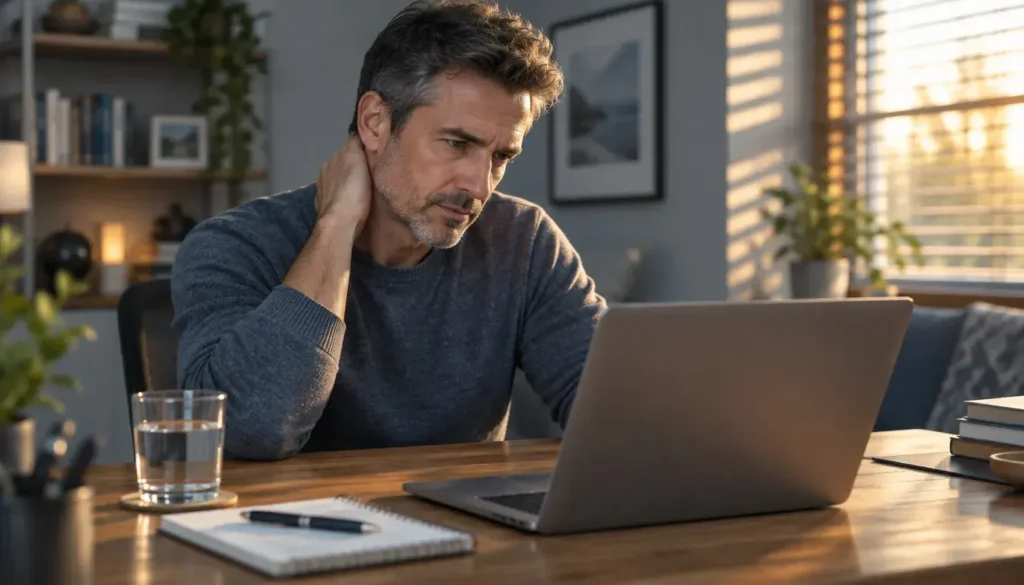 Man at a desk holding the back of his neck, wondering whether tingling is kundalini or a nerve problem.