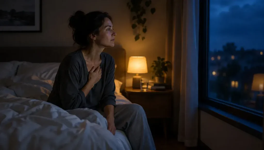 Person sitting awake on the edge of a bed at night, reflecting the restlessness of kundalini rising too fast.