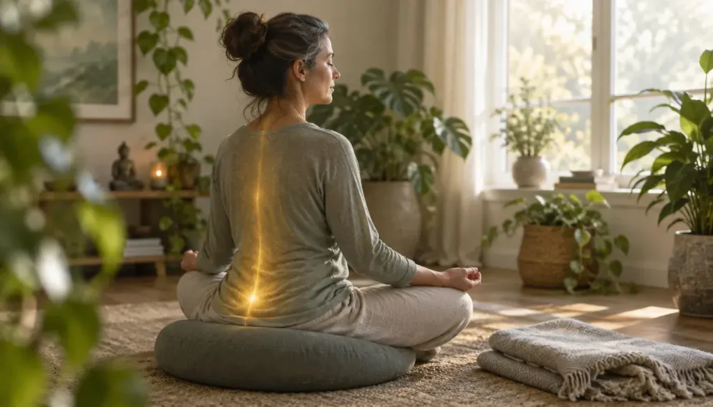 Woman meditating with a faint warm glow rising along her spine, illustrating common kundalini symptoms.