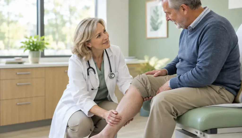 Doctor gently examining a man’s lower leg in a bright clinic, showing when leg pain needs medical attention.
