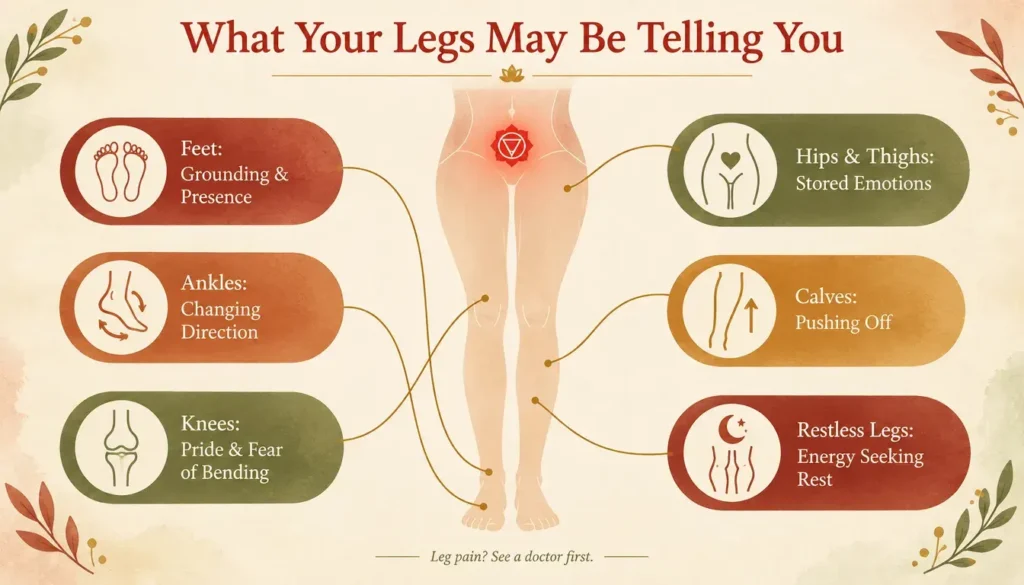 Infographic mapping the feet, ankles, knees, hips, calves and restless legs to their energetic meanings.