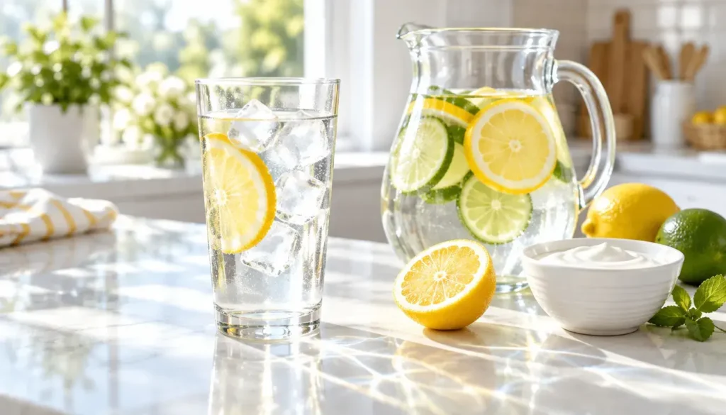Glass of lemon water beside a jug of citrus water and a bowl of yogurt, foods that help prevent kidney stones.