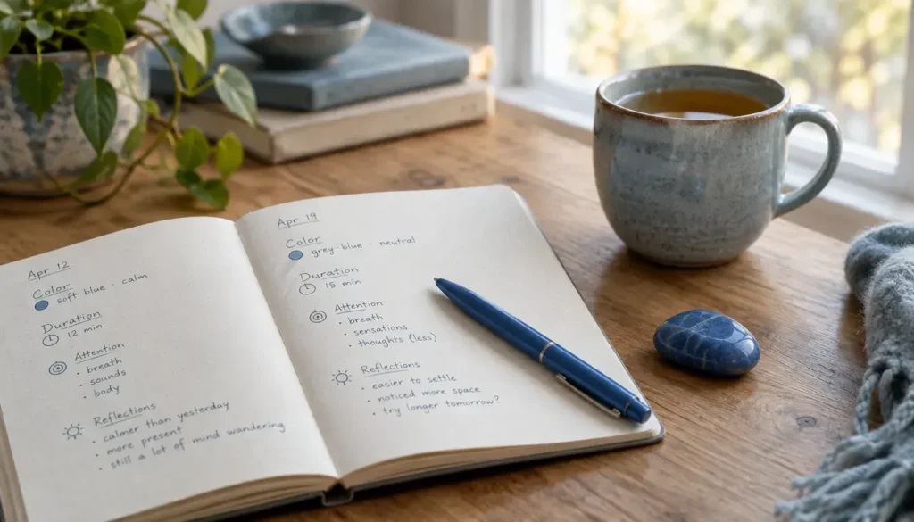 Meditation journal, blue pen and stone arranged for tracking daily color-cue practice.