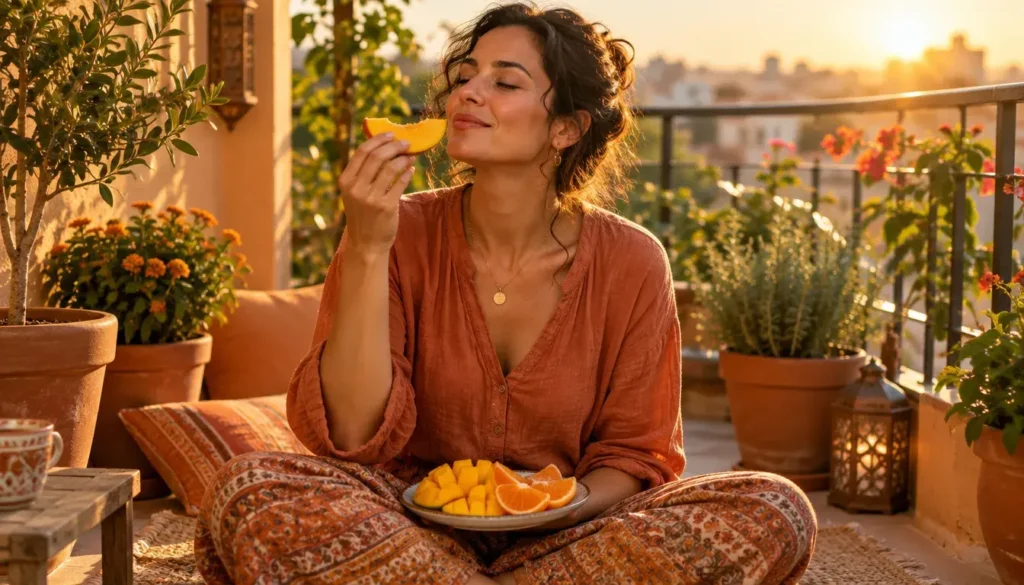 Woman mindfully savoring a slice of ripe mango in warm sunlight as part of a sacral chakra practice.