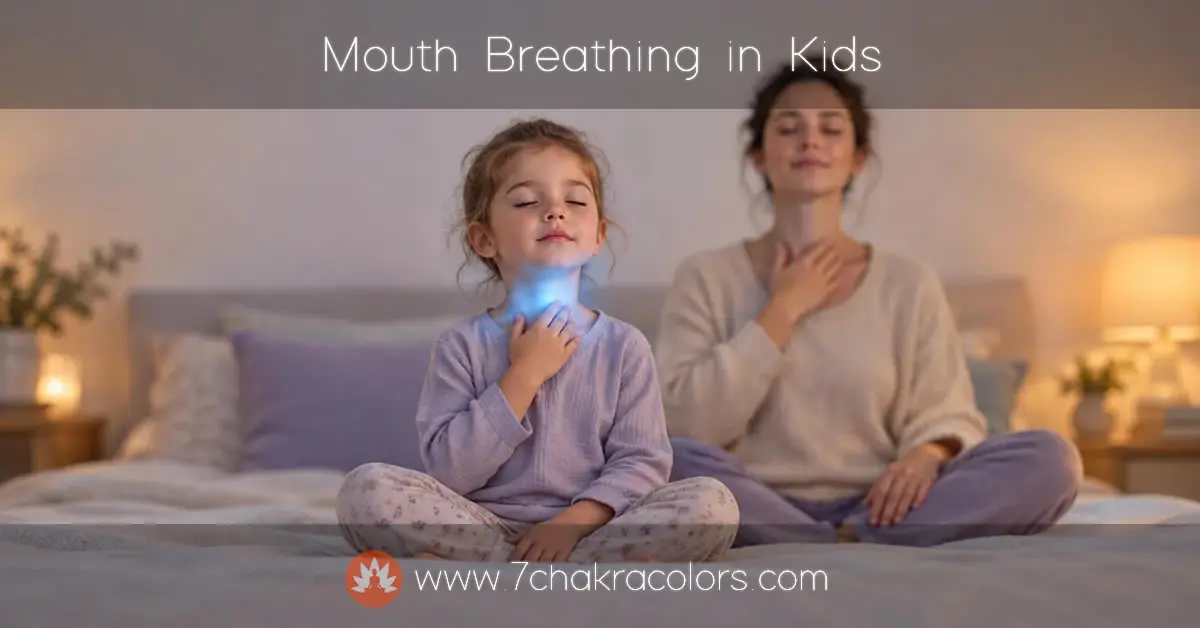 Young child humming with closed lips and a soft blue glow at the throat, showing throat chakra nose breathing.