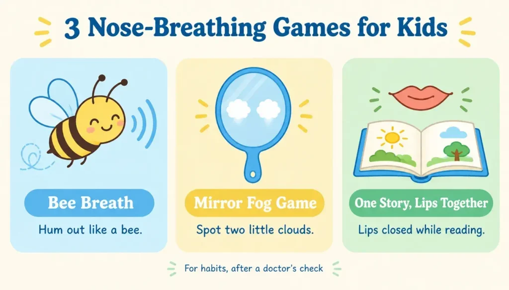 Infographic of three nose-breathing games for kids: bee breath, the mirror fog game and lips-together story time.