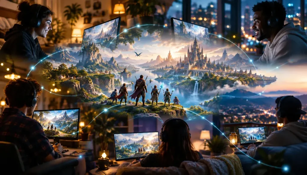 Online gamers connected through a shared virtual world