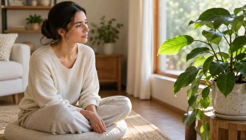 Person observing a green houseplant before closing their eyes to meditate.