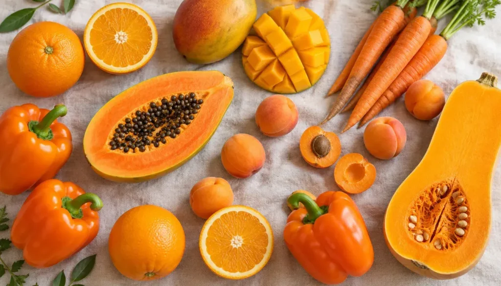 Flat lay of orange foods for the sacral chakra, including oranges, mango, carrots, apricots, papaya and squash.
