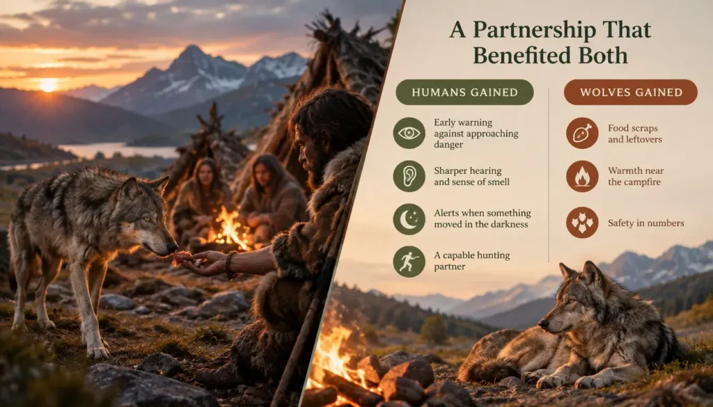 Prehistoric hunter offering food to a wolf beside a campfire, alongside an infographic showing the mutual benefits of the early human-wolf relationship.