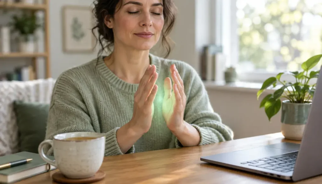 Person at a desk holding palms slightly apart with a soft green glow between them, doing a practice for tired hands.