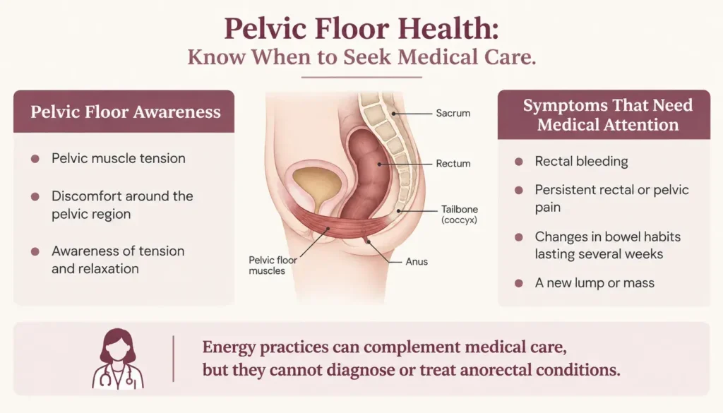 Educational infographic showing pelvic floor anatomy and warning signs that require medical evaluation.