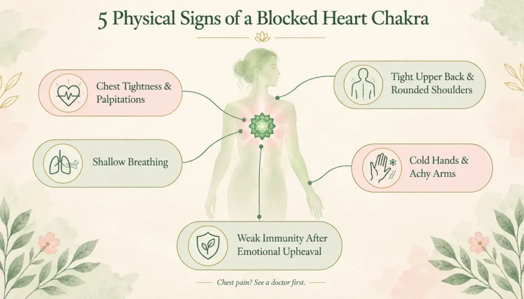 Infographic showing five physical signs of a blocked heart chakra: chest tightness and palpitations, shallow breathing, tight upper back and shoulders, cold hands and achy arms, and weak immunity.