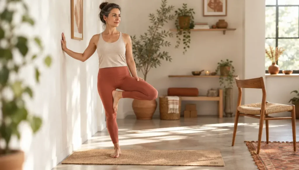 Woman doing tree pose next to a wall on a grippy yoga mat to prevent ankle sprains.