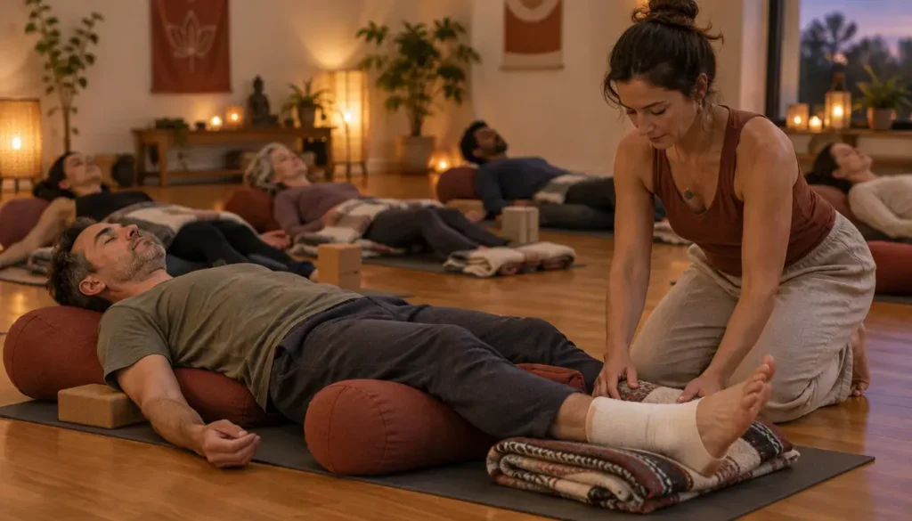 Yoga teacher placing a blanket under a student’s bandaged ankle during a restorative yoga class.