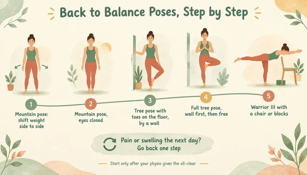 Infographic of five steps for returning to yoga balance poses after an ankle sprain, from mountain pose to warrior III.