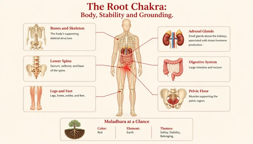 Root chakra infographic showing the lower spine, legs, digestive system, pelvic floor, adrenal glands, and skeletal structure.