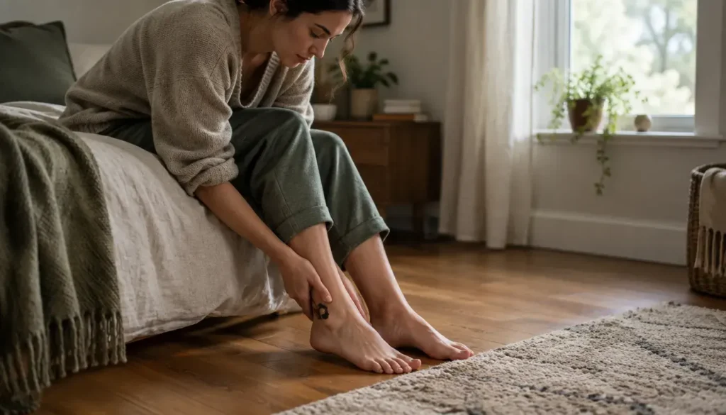 Person sitting on a bed and holding an ankle, illustrating awareness of tired legs and feet.