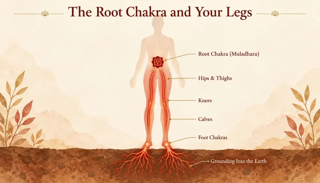 Infographic showing root chakra energy flowing from the base of the spine down the legs into the feet and earth.