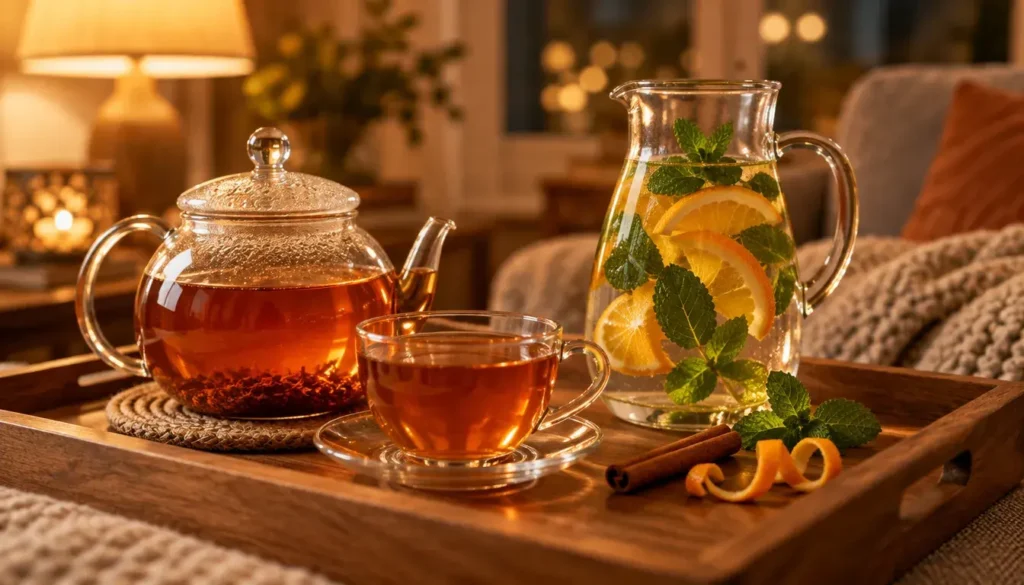 Rooibos tea, orange and mint water and a cinnamon stick, drinks that suit the sacral chakra’s water element.