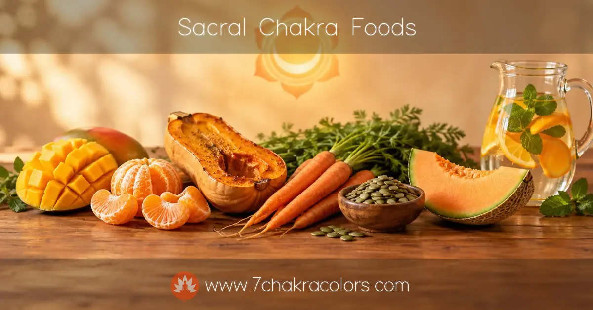 Sacral chakra foods including mango, oranges, squash, carrots, melon and pumpkin seeds with a jug of orange water.