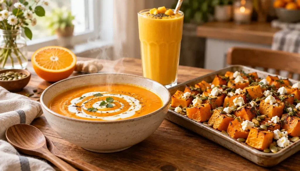 Carrot ginger soup, roasted squash with pumpkin seeds and a mango smoothie, simple sacral chakra meals.