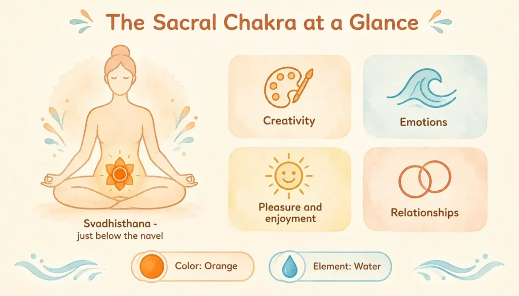 Infographic showing the sacral chakra’s location below the navel, its orange color, water element and what it governs.