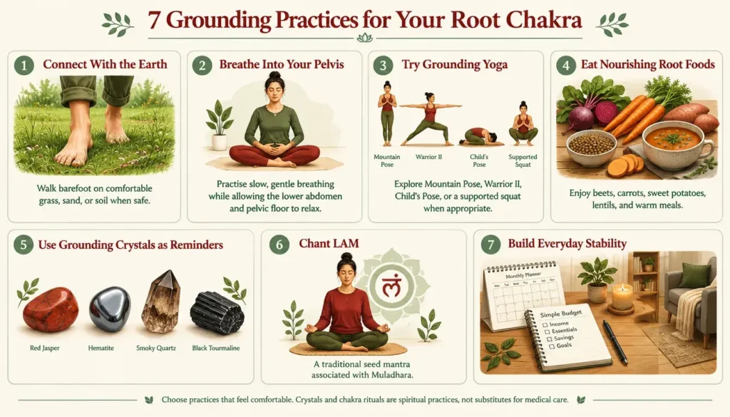 Infographic showing seven root chakra grounding practices including barefoot walking, breathing, yoga, root foods, crystals, chanting, and daily routines.