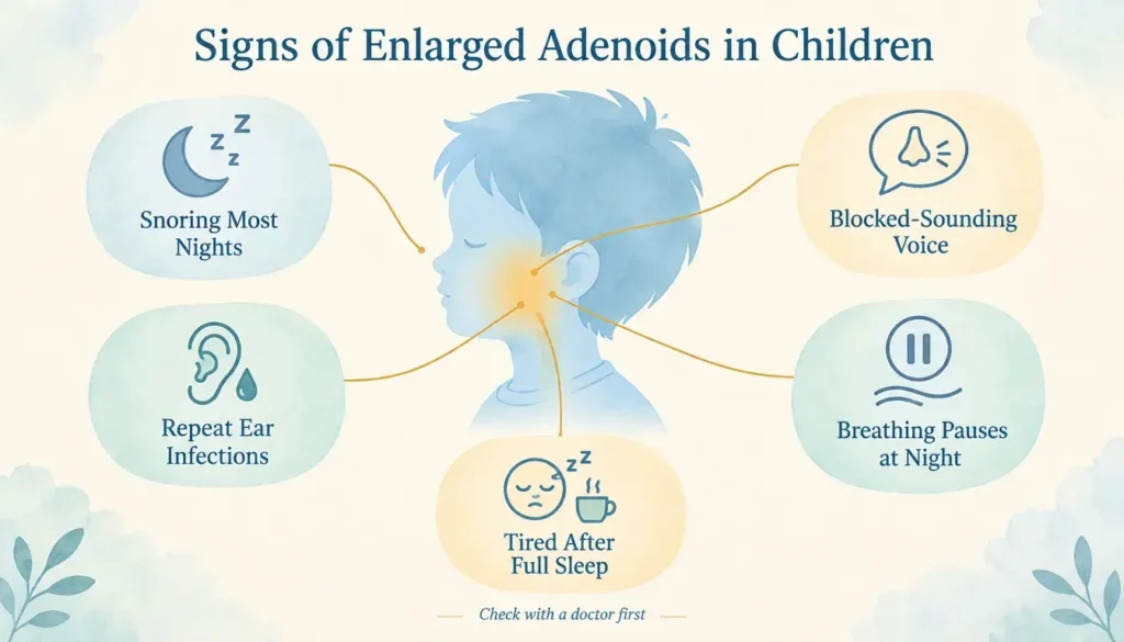 Infographic showing five signs of enlarged adenoids in children, from snoring most nights to tiredness after sleep.