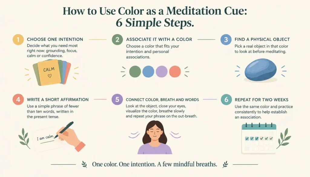 Six-step infographic explaining how to choose a color, set an intention, breathe and repeat an affirmation during meditation.