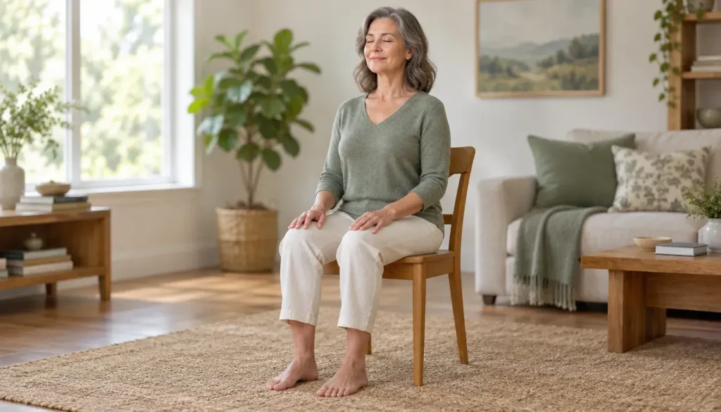 Woman sitting tall on the edge of a chair with feet flat, practicing a gentle spine breath meditation.