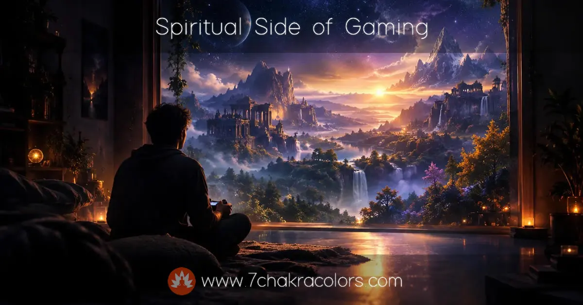 Gamer exploring a symbolic landscape representing consciousness and the spiritual side of gaming