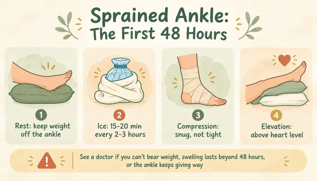 Infographic of RICE steps for a sprained ankle: rest, ice, compression and elevation, plus when to see a doctor.
