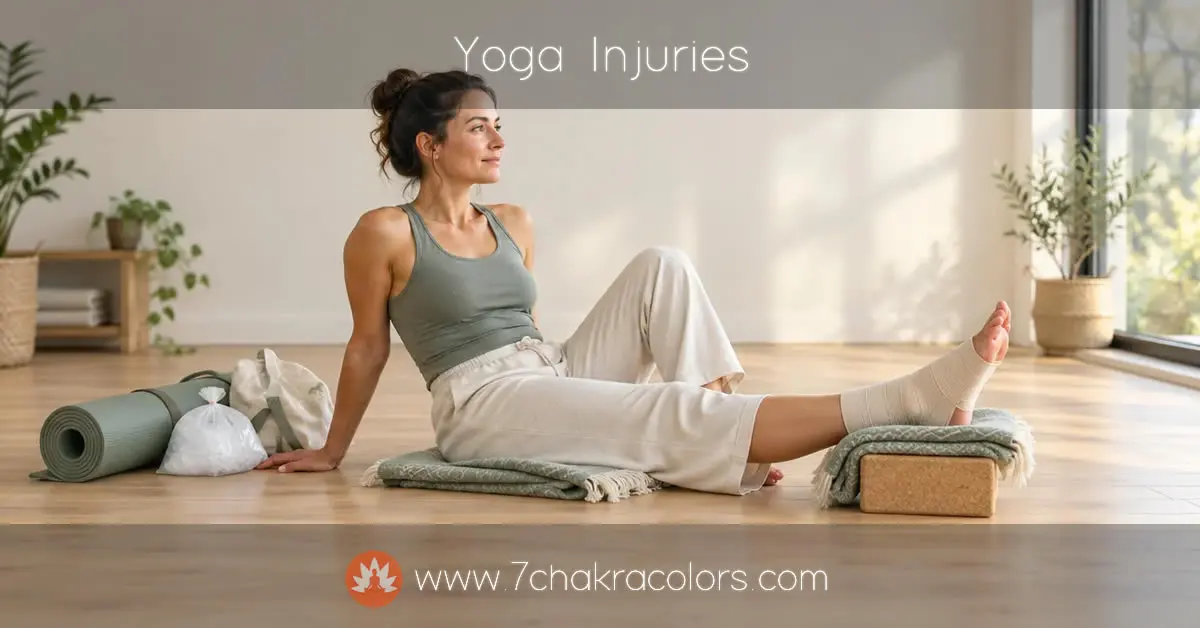 Woman resting in a yoga studio with a bandaged sprained ankle propped on a yoga block.