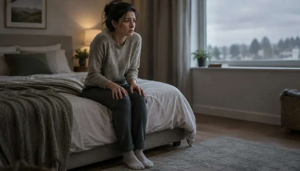 Stressed person sitting tensely on a bed illustrating the physical effects of prolonged stress.