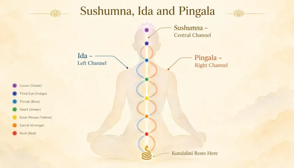 Infographic of sushumna, ida and pingala channels crossing at the chakras along the spine, with kundalini at the base.