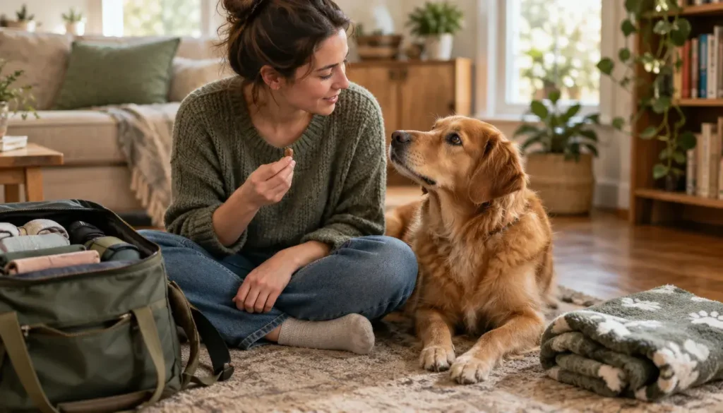 Woman speaking gently to her dog while offering a treat before travel.
