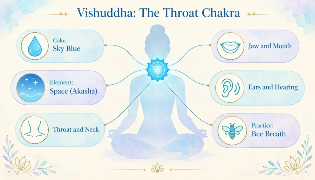 Infographic of the throat chakra, Vishuddha, showing its blue color, space element, and link to the throat, jaw and ears.