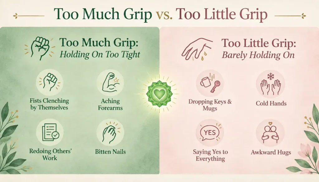 Infographic comparing signs of gripping too hard and holding on too little, as they show up in the hands.
