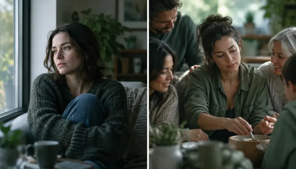 Two contrasting scenes show emotional withdrawal and exhaustion from continually helping others.