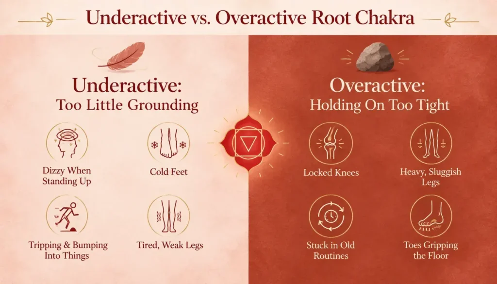 Infographic comparing signs of an underactive and an overactive root chakra as they show up in the legs.