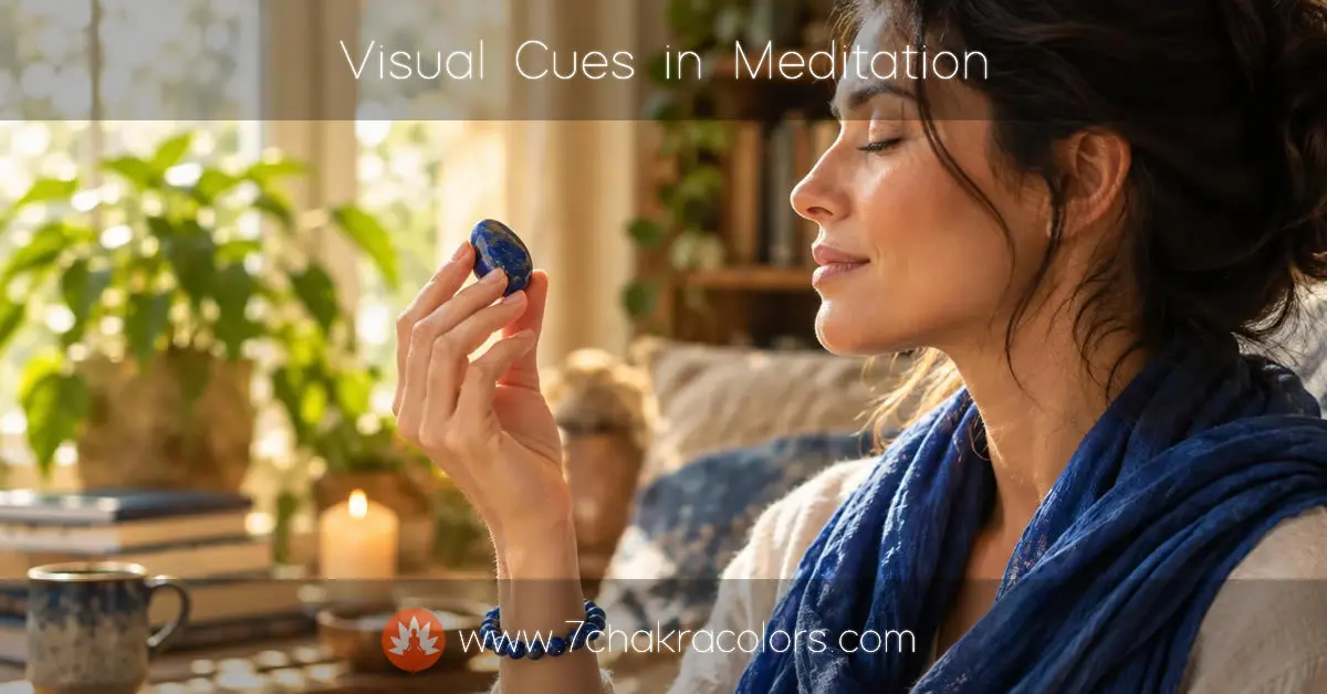 Woman meditating with a blue gemstone, matching scarf and blue beaded bracelet.
