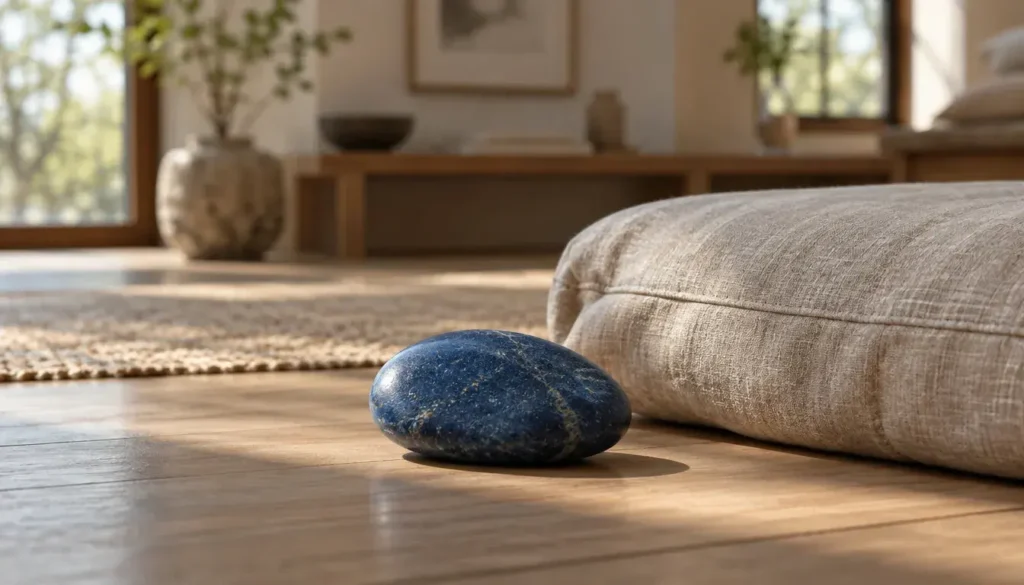 Deep blue stone beside a meditation cushion as a mindfulness anchor.