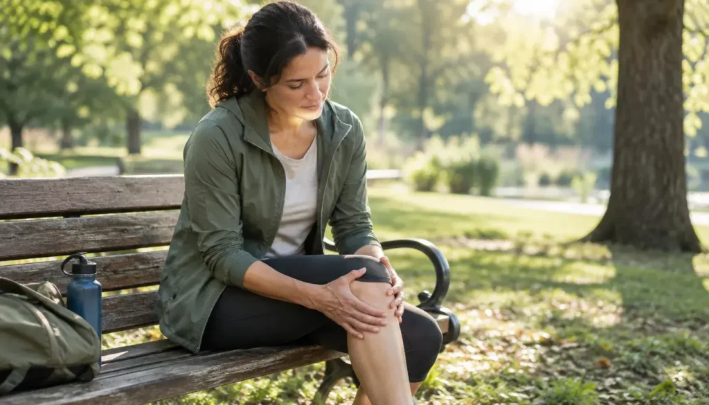 Adult resting on a park bench and gently holding a knee, illustrating general physical discomfort.