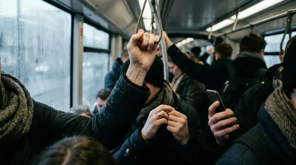 Tense hands gripping a tram strap and twisting a ring, showing how hands reveal stress and the need for control.