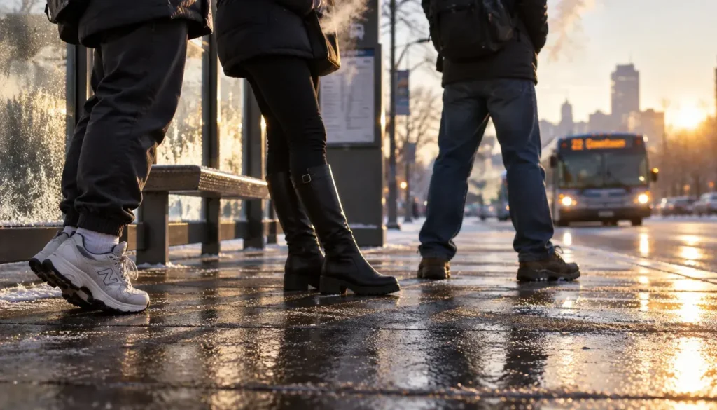 Legs of people standing at a frosty bus stop, showing how posture reflects support and readiness to move forward.